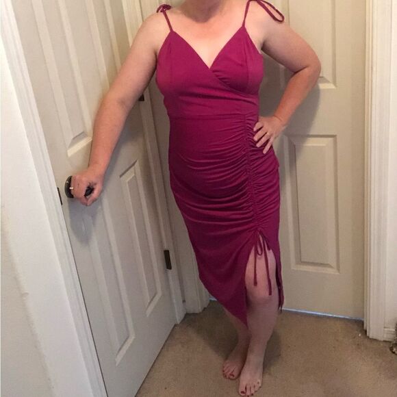 Venus XL magenta fuchsia ruched side mini dress adjustable tie straps . - Picture 1 of 6